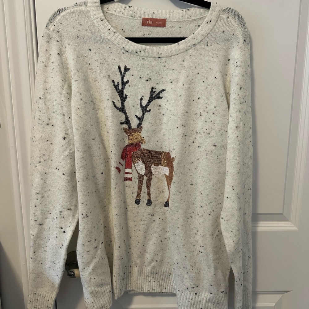 Iyla Speckled Cream Sweater - Reindeer Sequin Design-XL